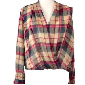 SOPHIE RUE Plaid Sheer Long Sleeve Faux Wrap Preppy Classic Casual Blouse XS